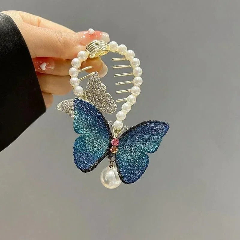 Summer Fashion Creative Gifts Hair Accessories Temperament Hair Clip Hand-Embroidered Butterfly Pearl Ponytail Clip Headdress