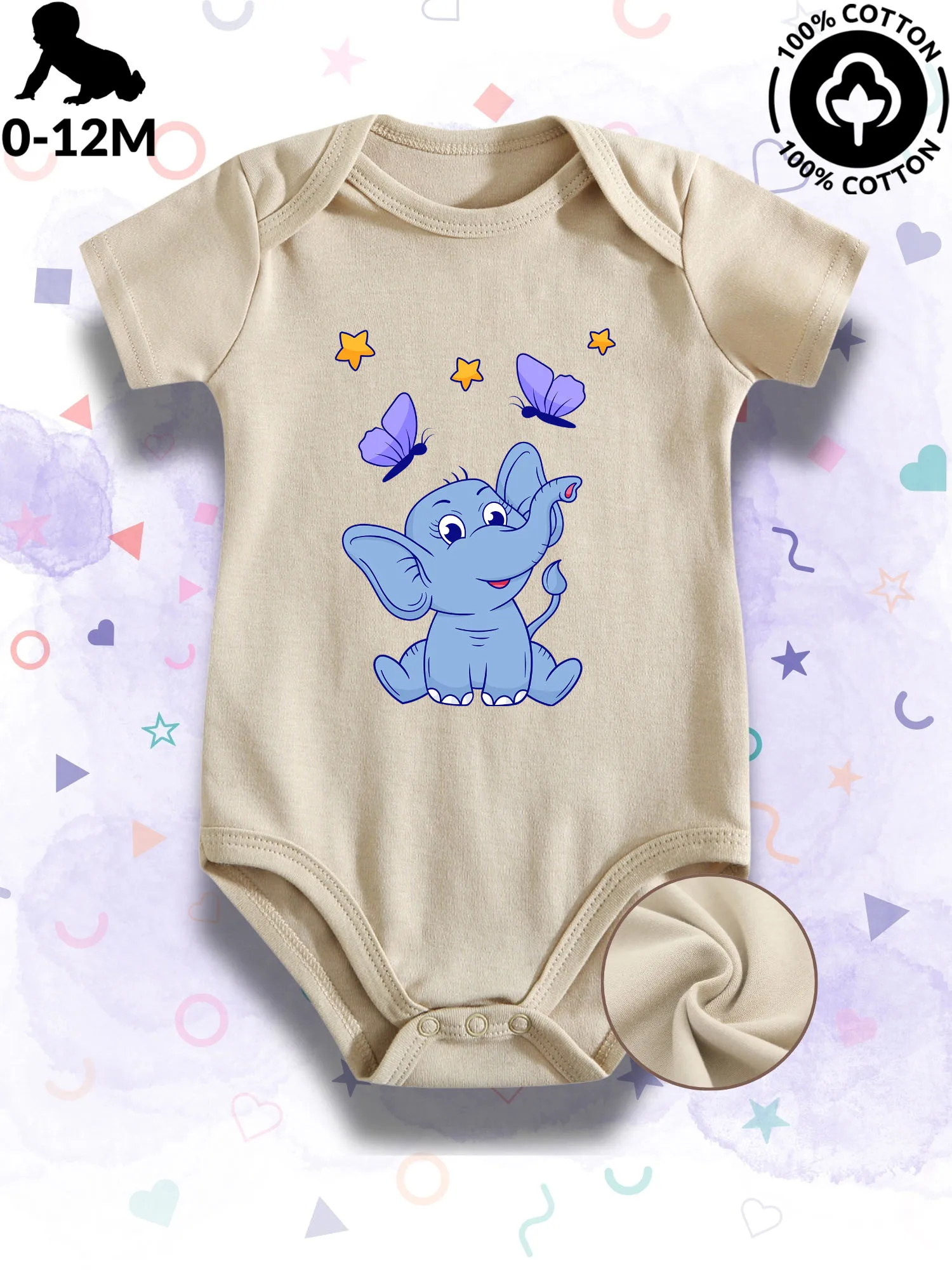 

Stars Butterflies Elephant Unisex Baby Bodysuit, 100% Cotton Soft Onesie, All-Season Wear Beige Crawling Suit 190GSM