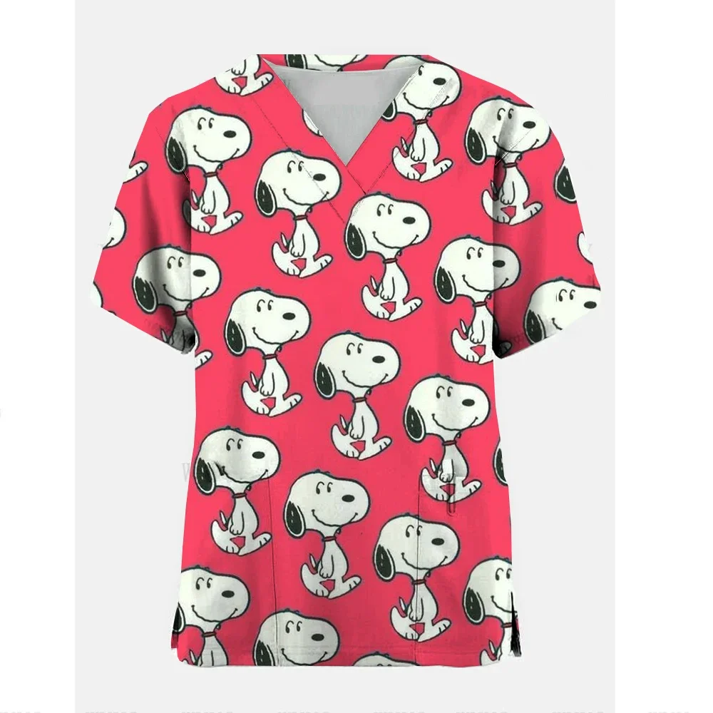 

T-shirt Snoopy Summer Women Cartoon Dog Snoopy Shirts Tops Pocket Woman Nurse Uniform Clothes V Neck T-shirts Hospital