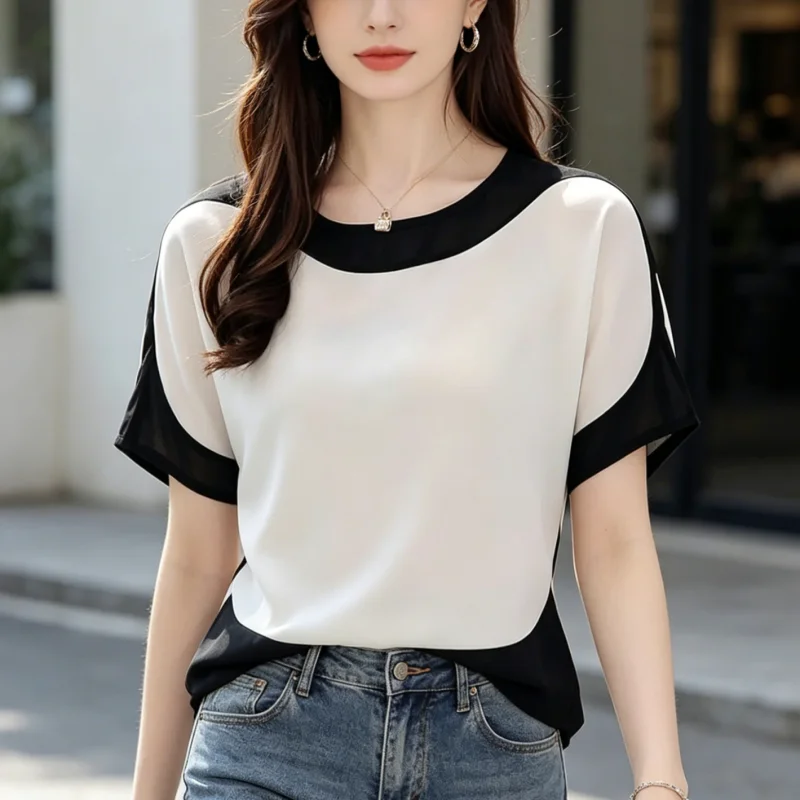 

2026 Fashion New Women O-neck Patchwork Shirt Short Sleeve Casual Chiffon Blouse Summer Elegant Casual Tops