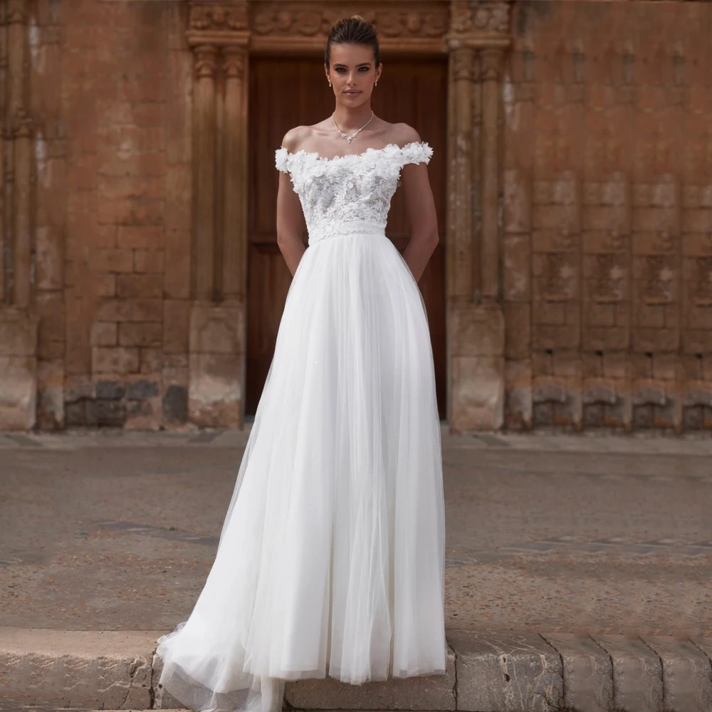 

Customized Beach Wedding Dresses For Women Off Shoulder Applique Tulle Boho Bridal Gown Vestido De Novia Sweep Train A-Line