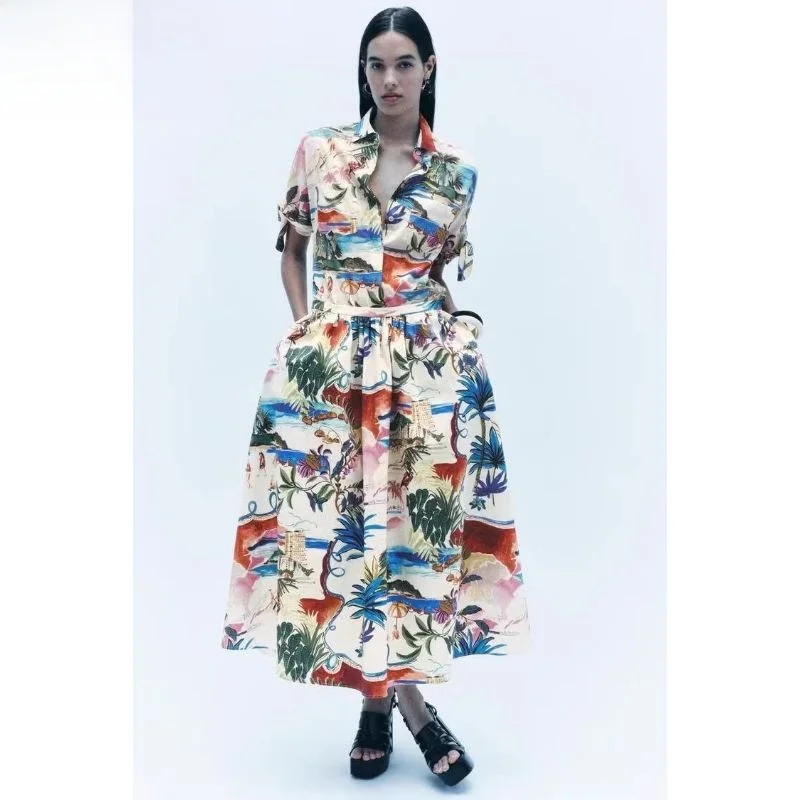 

Summer 2024 New Women's Midi Skirt ort Sve Printed irt Loose Fit Tassel Detail Polyester Fabric Regular Sve Length