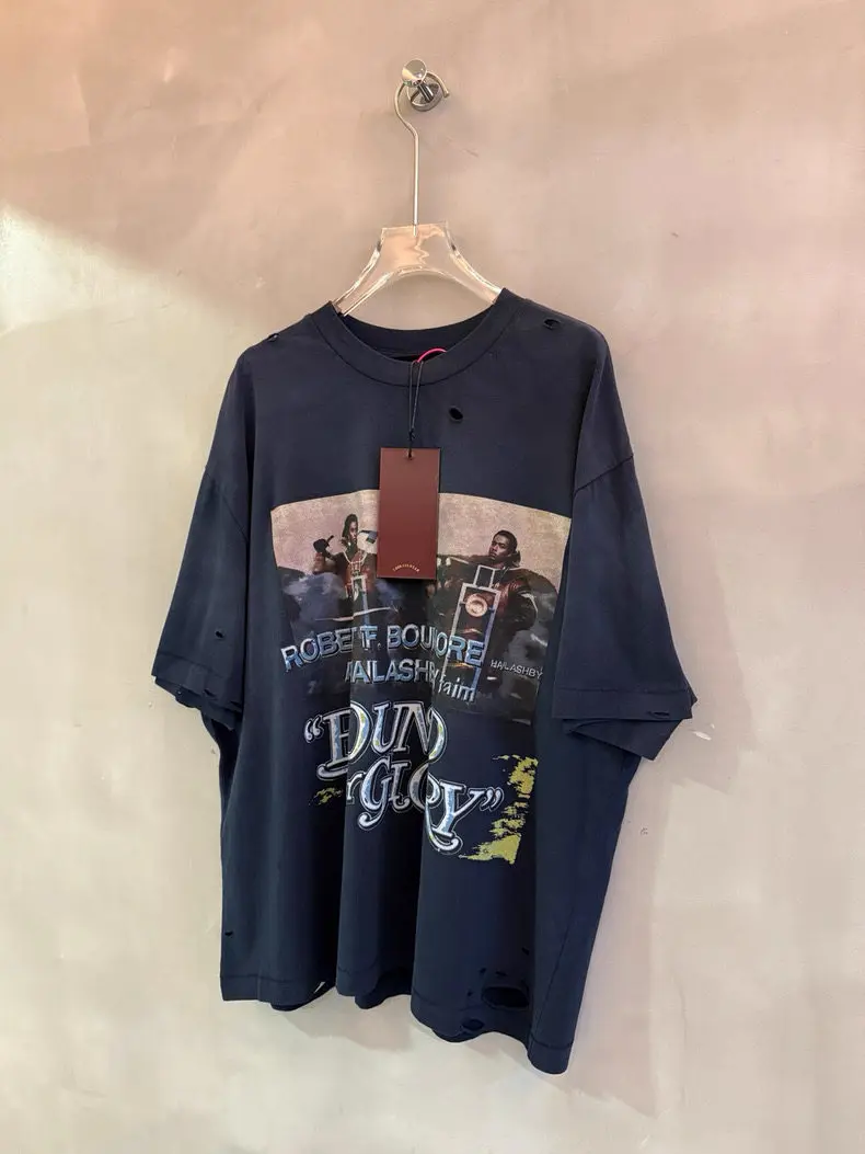 26ss Paly Old Movie Printed Women Men T shirts tees Ripped Men Oversized Hiphop Cotton Top Summer Style
