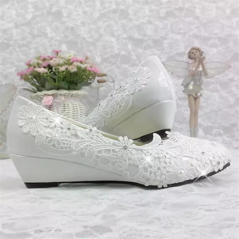 

Spring new round leather face lace rhinestone low-heled wedding shoes banquet dress large size slope heel high-heled women shoes