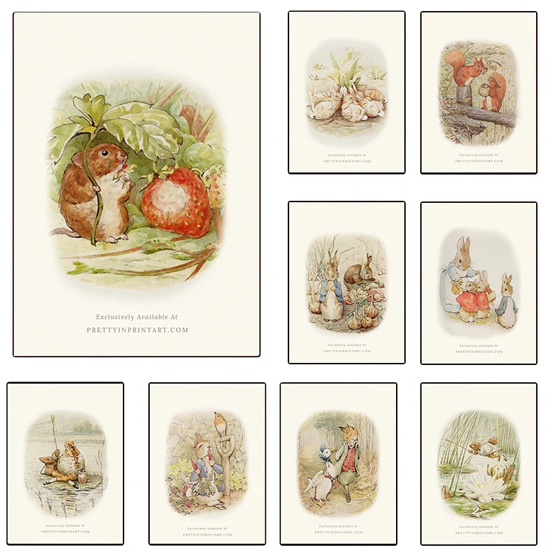 Beatrix Potter Classic Fairy Tale Illustration Poster Cartoon Animal Prints Canvas Printing Wall Art Picture for Room Home Decor