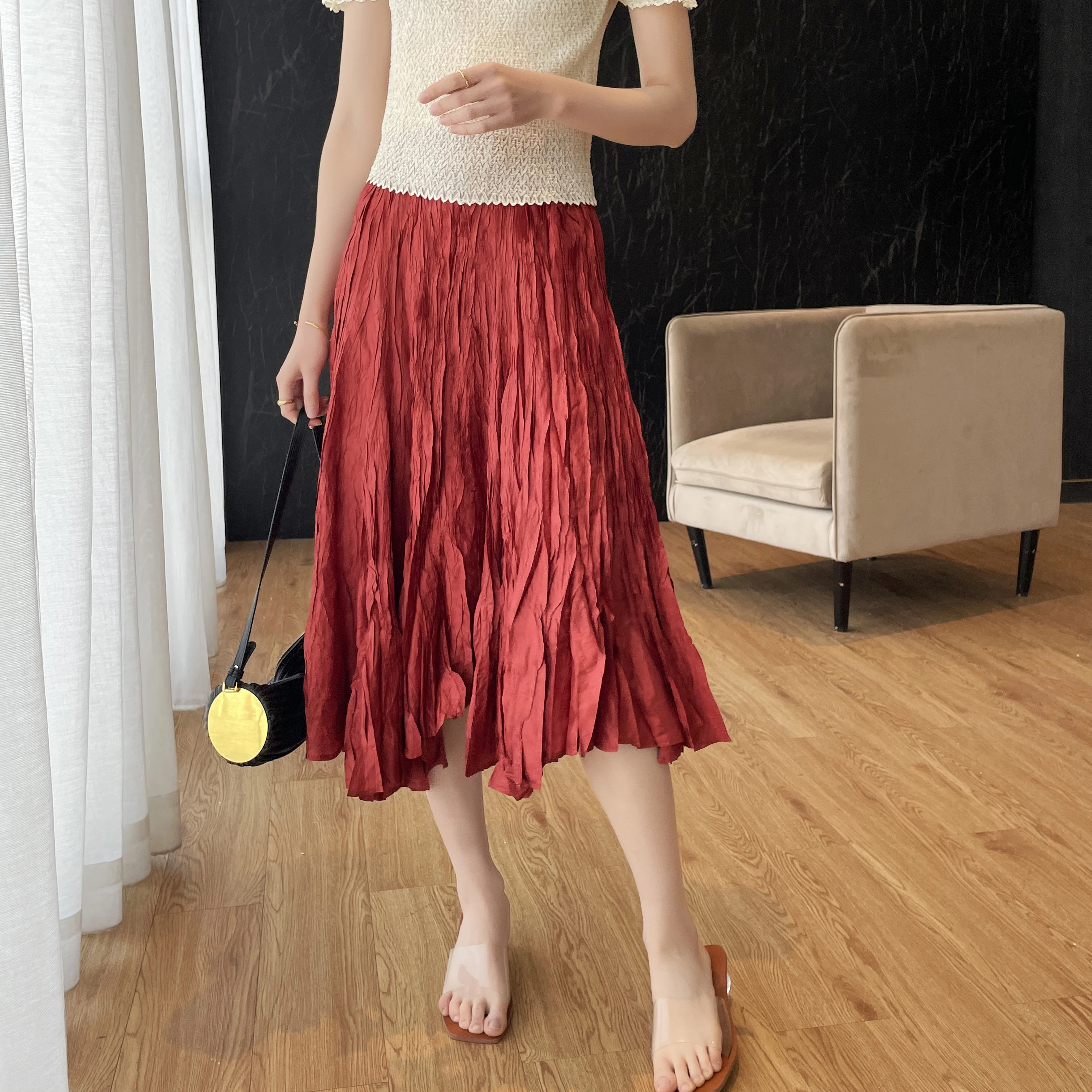 Counter quality Autumn spring summer Miyake pleated casual versatile elastic waist skirt A-word skirt pleated skirt