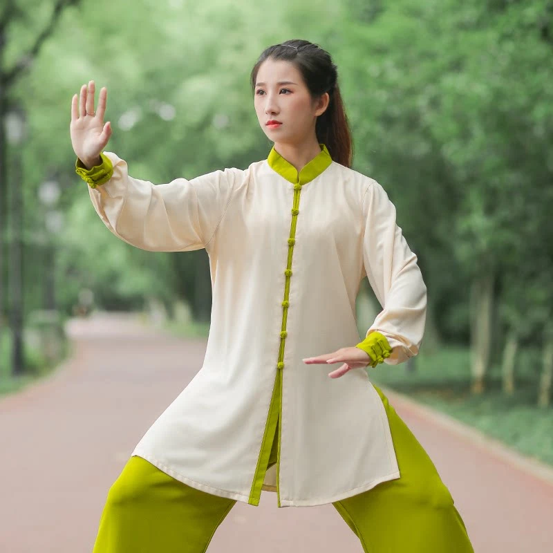 New Women Tai Chi Suit Spring Autumn Slim Fit Modified Elastic Cotton Color Block Martial Arts Training Practice Uniform Set