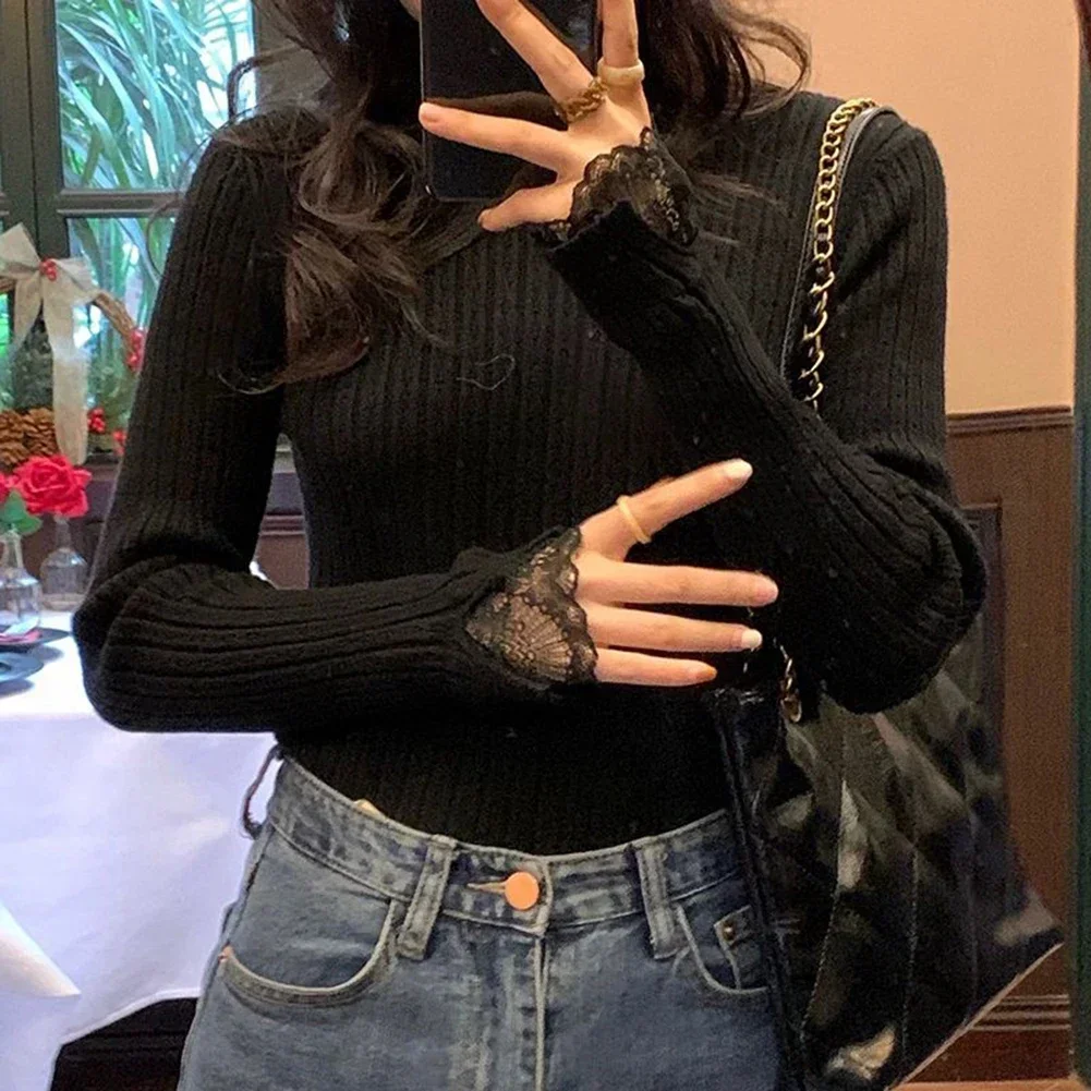

For Club Outings Long Sleeve Top Ladies Knitted Sweater Ideal For Autumn White High Stretch Turtleneck Sweater Casual Design