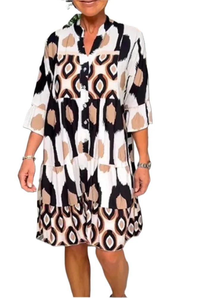 Abito con stampa di moda Lady Casual scollo a V Abiti larghi con bottoni a tre quarti per le donne Boho Vintage Holiday Abbigliamento da donna estivo