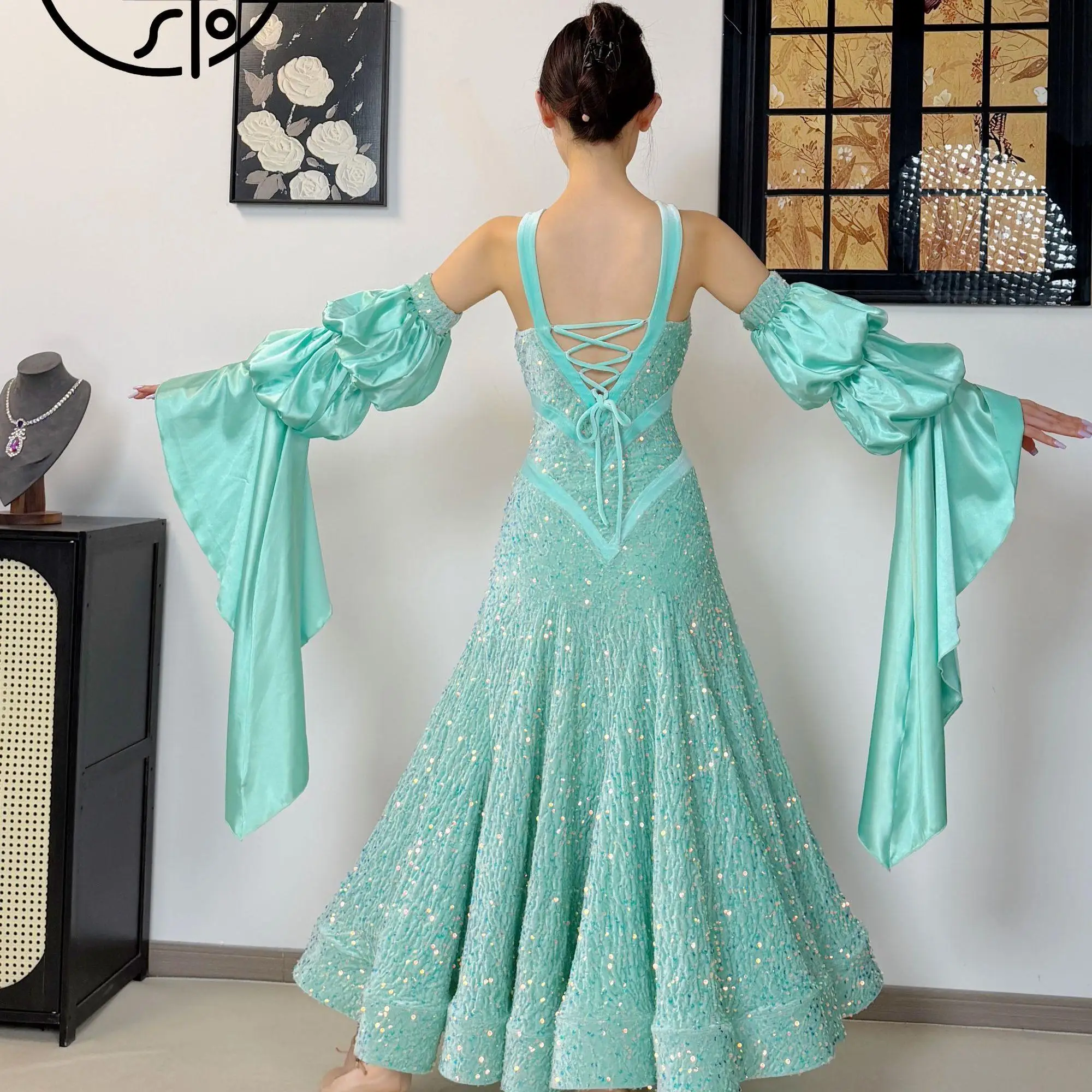 2026 New Ballroom Dace Costume Women Prom Performance Vlevet Sequins Long Dress Black Waltz Dance Dress Tango Stage Wear BL20213