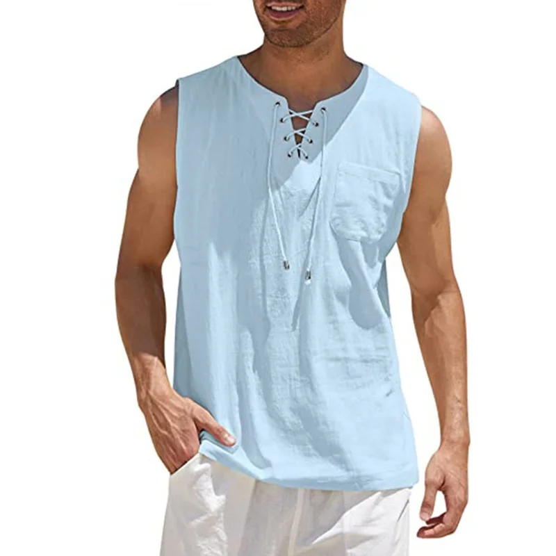 Men\'s Tank Tops Summer Fashion Solid Color Loose Cotton Linen Shirt Casual Beach Style Sleeveless T-Shirt Lace Up Man Vest Tops