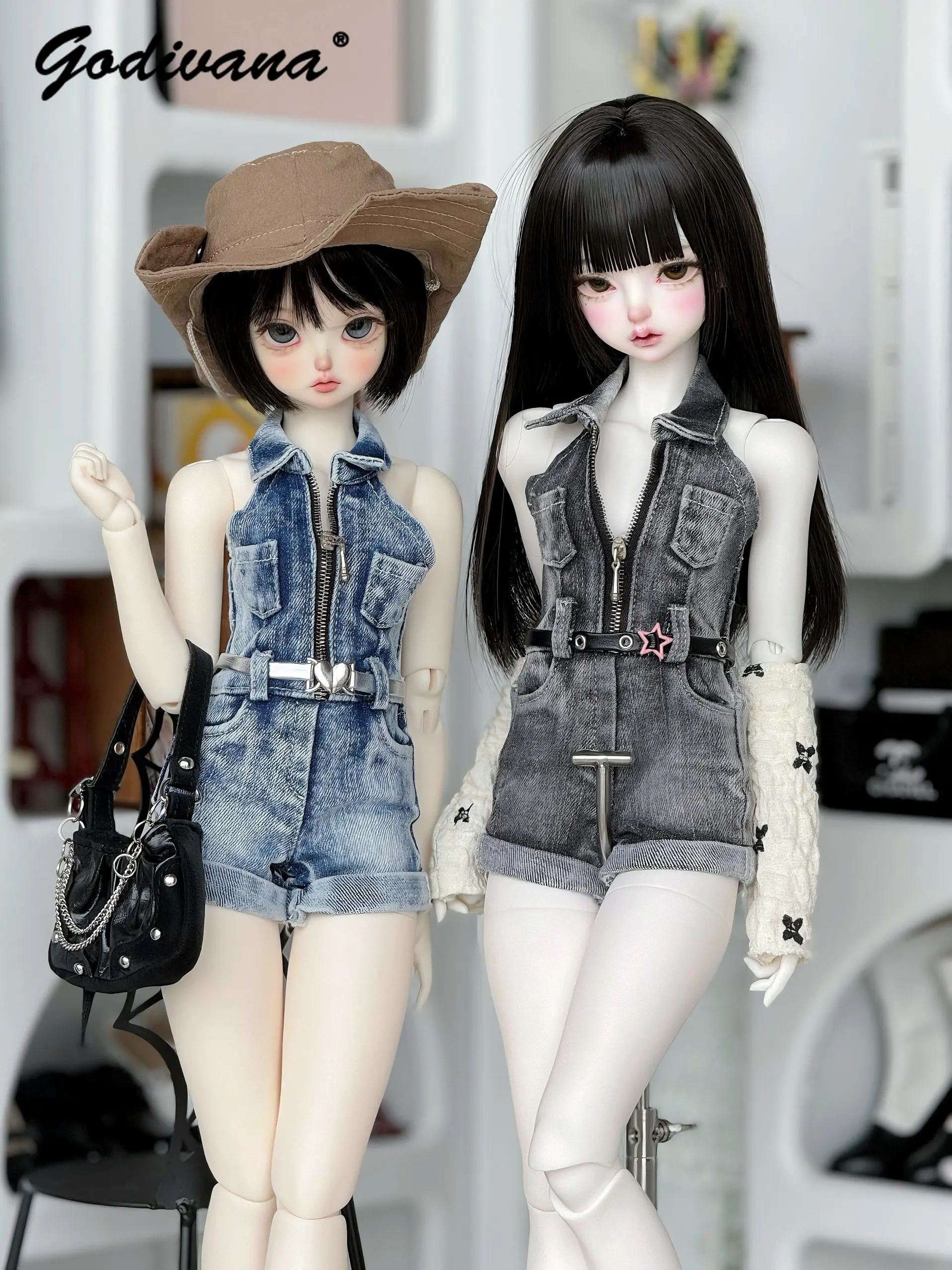 BJD 1/4 Clothes Cool Streetwear Y2K Hot Girl One-piece Denim Shorts Washed Elastic Vintage Neck Hanging Jumpsuit Doll Clothes