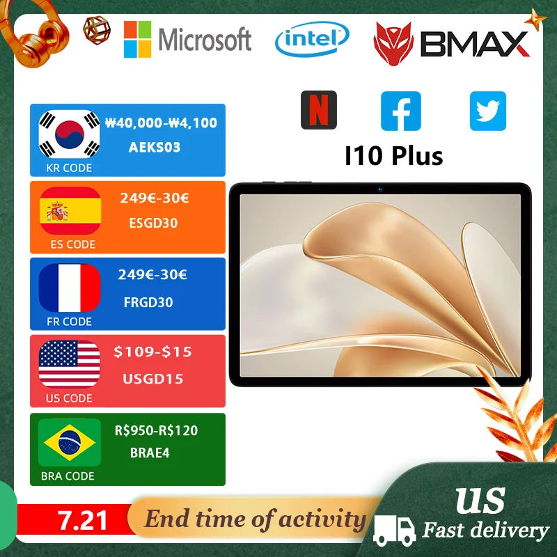 

BMAX Android 15 MaxPad I10 Plus Commercial Gaming Tablet 4GB+12GB Expansion 128GB Eight Core Processor 10.1-inch Screen