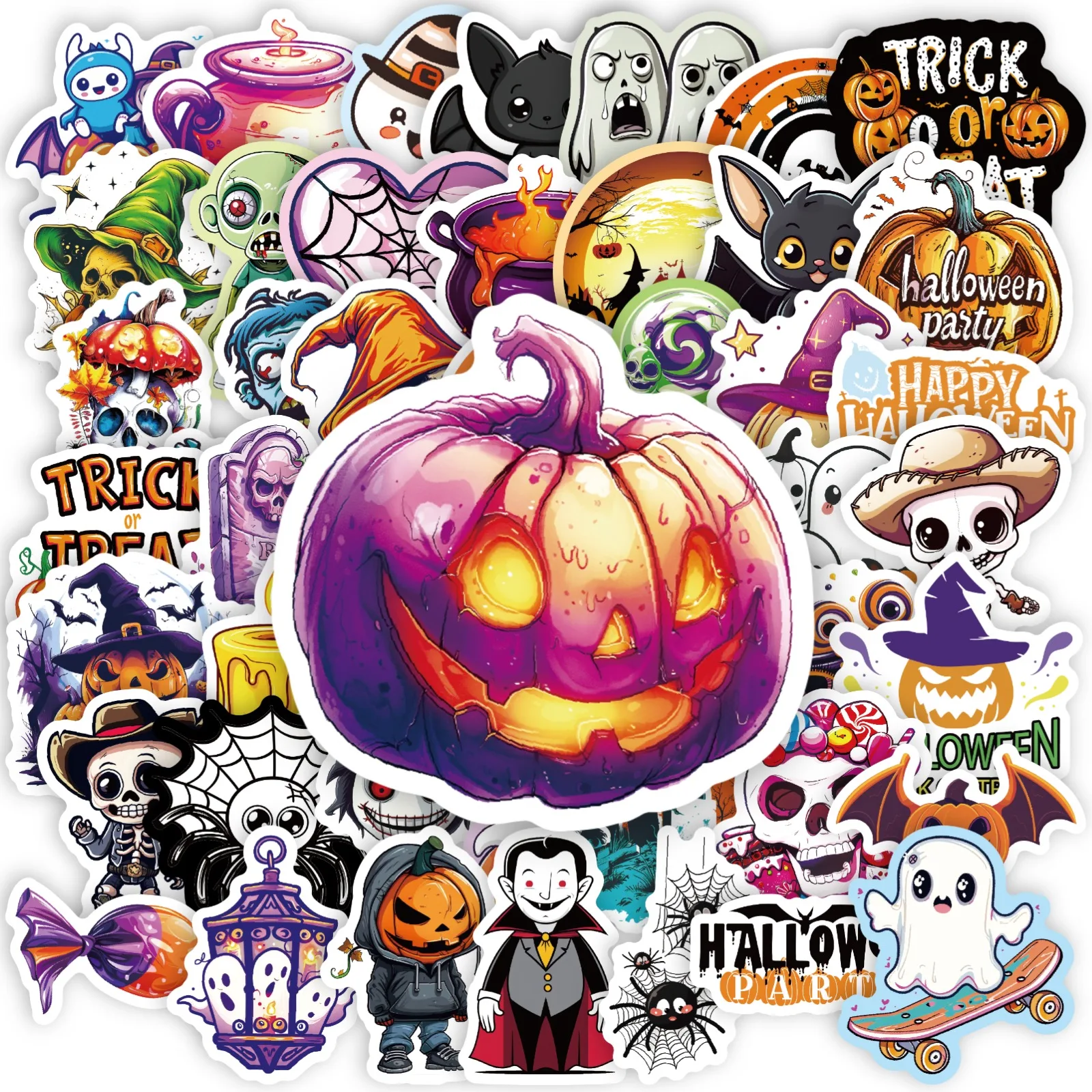 50 Pcs Halloween Stickers Trick or Treat Spooky Pumpkin Skull Ghost Waterproof Decals for Laptop Phone Notebook Party Decor