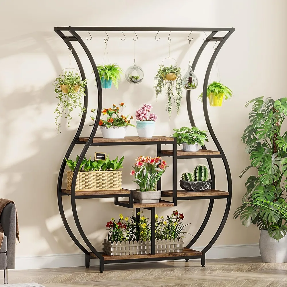 Suporte de planta de 6 camadas, prateleira de planta de 70,9 polegadas de altura com 10 ganchos de suspensão, suporte de plantas de escada em forma de vaso, rack de exibição de plantas de uso