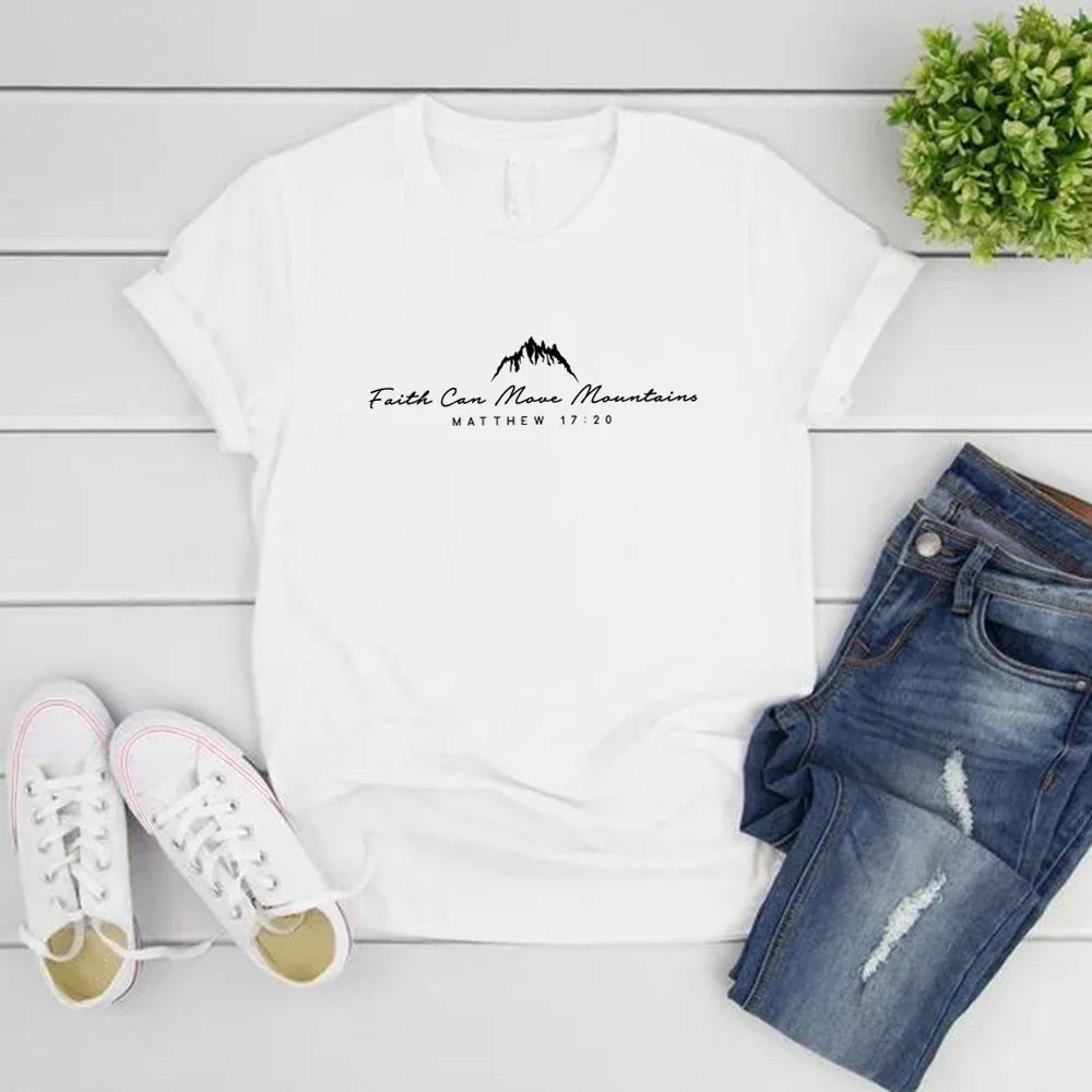 Faith Can Move Mountains T-Shirt Christian Clothing Religious Tee Casual Short Sleeve Women Tshirts Christian Gift Women Clothes