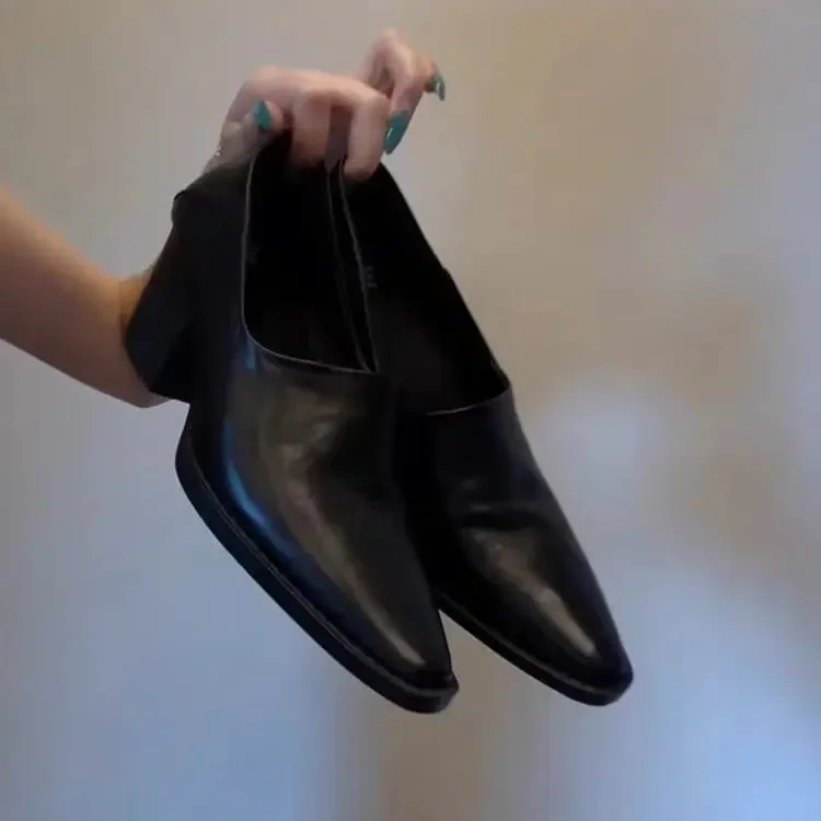 Modisches Design, klobiger Absatz, Herbst-Winter-Loafer, Retro-Leder-Schuhe, spitze Zehen, vielseitige Slipper für Damen – Detail 6
