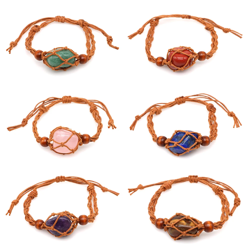 

New Net Bag Adjustable Cord Meditation Stone Bracelet Braided Natural Healing Gemstone Energy Amulet Bracelets DIY Jewerly Gifts