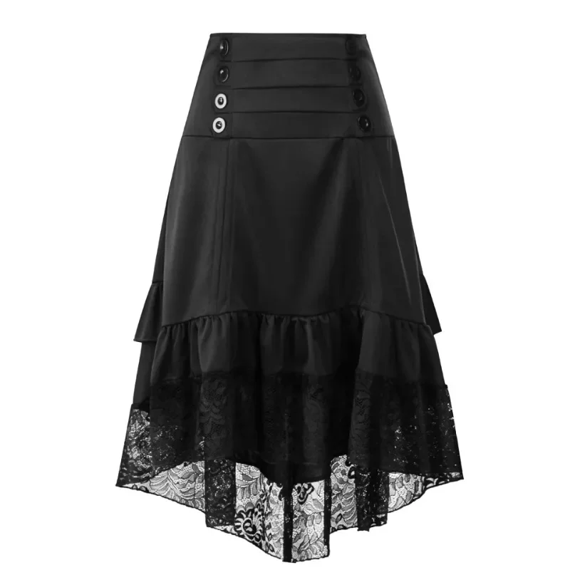 High Low Lace Skirt Shirring Vintage Lolita Skirt Women Summer Boho Patchwork Knee Length Gothic Punk Skirt Pirate Costume