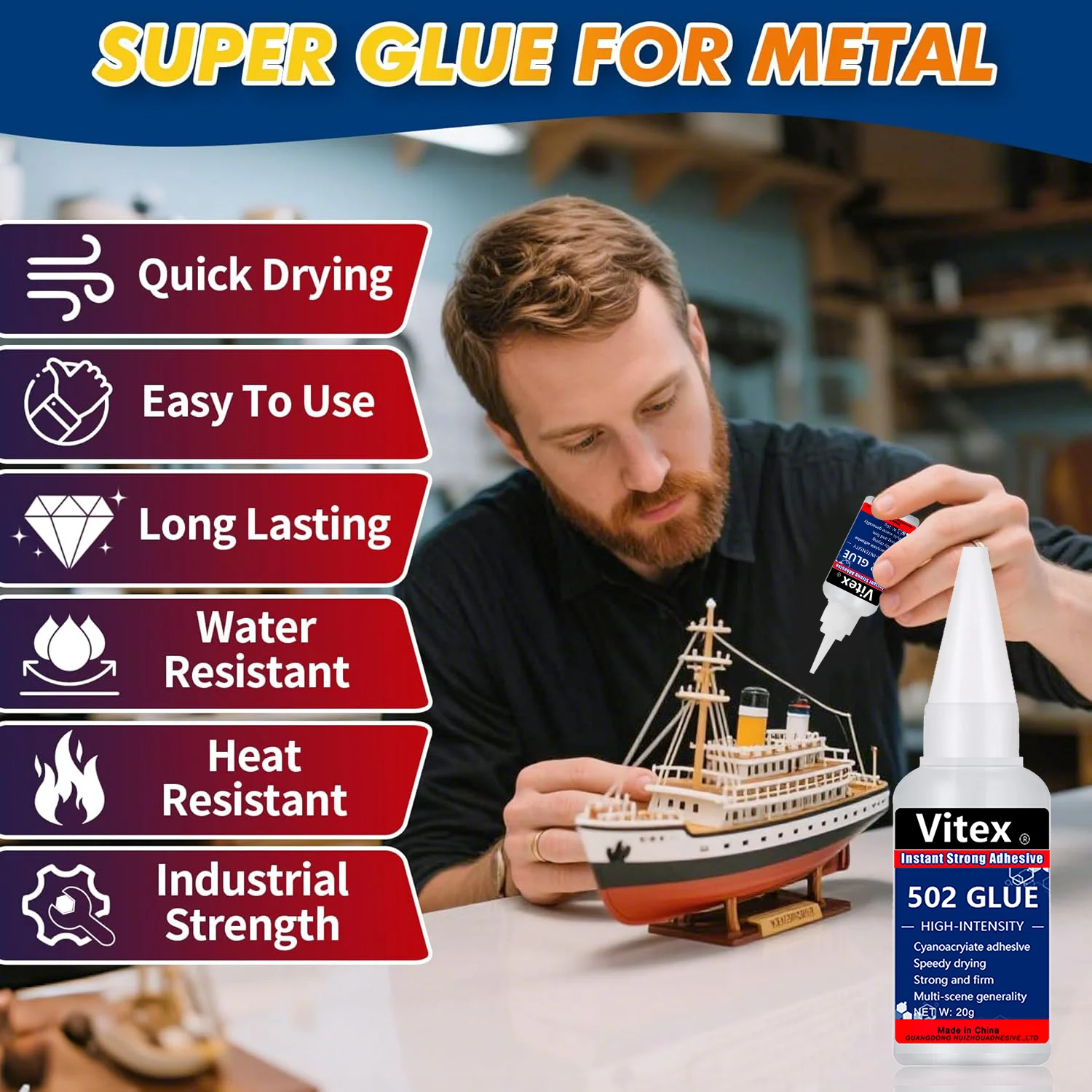 Metal super glue, specially designed for metal, plastic and wood, waterproof, heat-resistant, transparent glue.