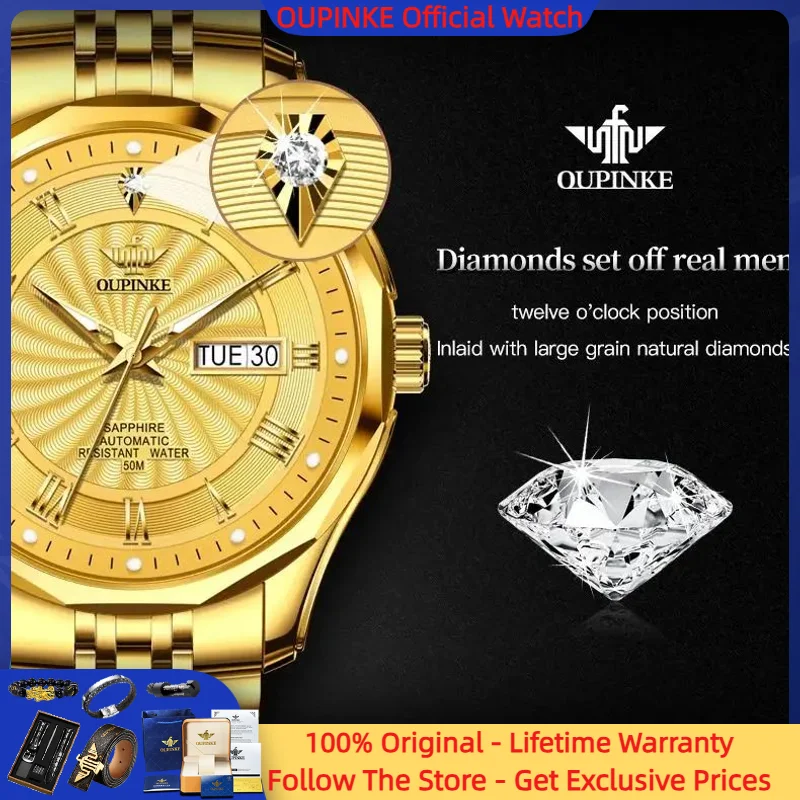 

OUPINKE 3207 Men Genuine Diamond Watch Swiss Top Brand Japanese Automatic Movement Watch Gold Men Waterproof Reloj Hombre Free