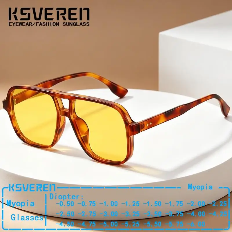 -0.50 To -6.00 Pilot Large Frame Orange Sunshade Myopia Glasses Men Women Vintage Double Bridge Finished Prescription Eyeglasses