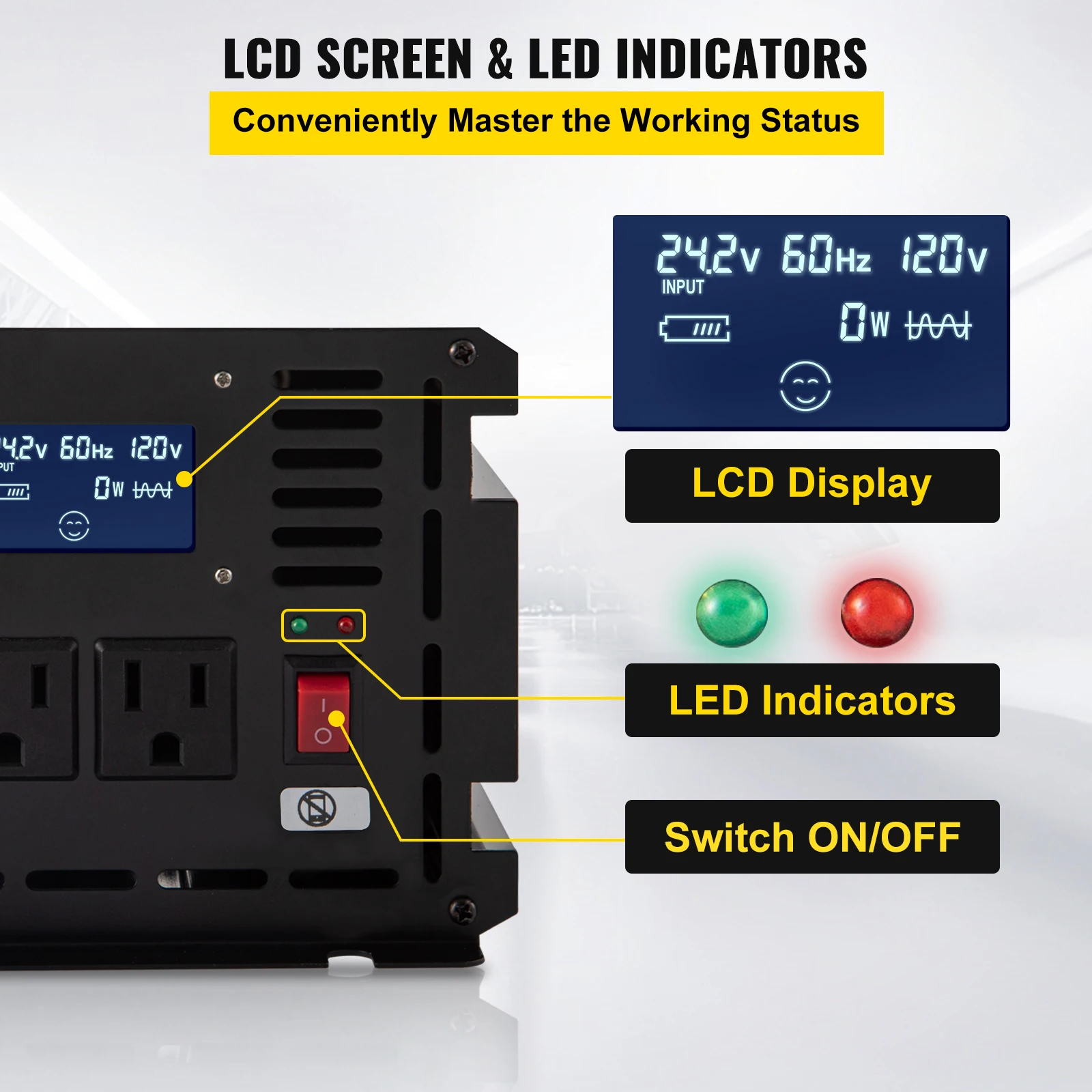 Imagem -04 - Vevor-inversor de Onda Senoidal Modificado com Display Lcd Controle Remoto para Uso de Camping 1500w5000w dc 12 v 24v a ac 110 v 120v