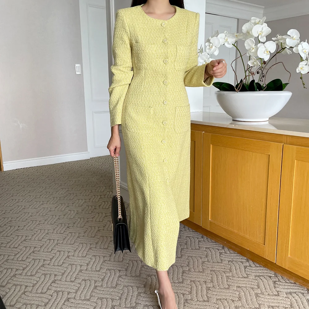 Elegant Chic Autumn Winter Yellow Tweed Long Dress High Quality Women Round Collar Fours Pockets Woolen Slim Office Maxi Vestido