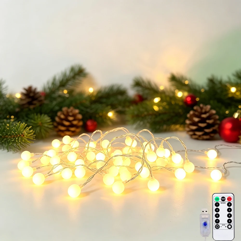 1pc Globe String Lights, 40LEDs Fairy Lights USB Powered 8 Modes Christmas Indoor String Lights with Remote for Christmas Decor