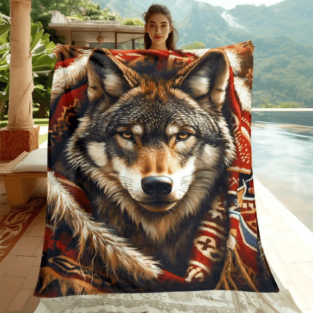 Rainbow Wolf Head Lotus Dreamy Spiritual Design Soft Cozy Throw Blanket for Sofa Bed Mystical Aura