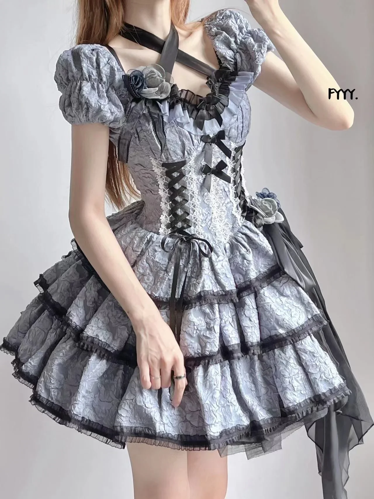 Estrela Sleepless Lolita Medea Kiss op Gothic Dress, Cão de três seções, Manga curta, Azul escuro, Primavera e Verão