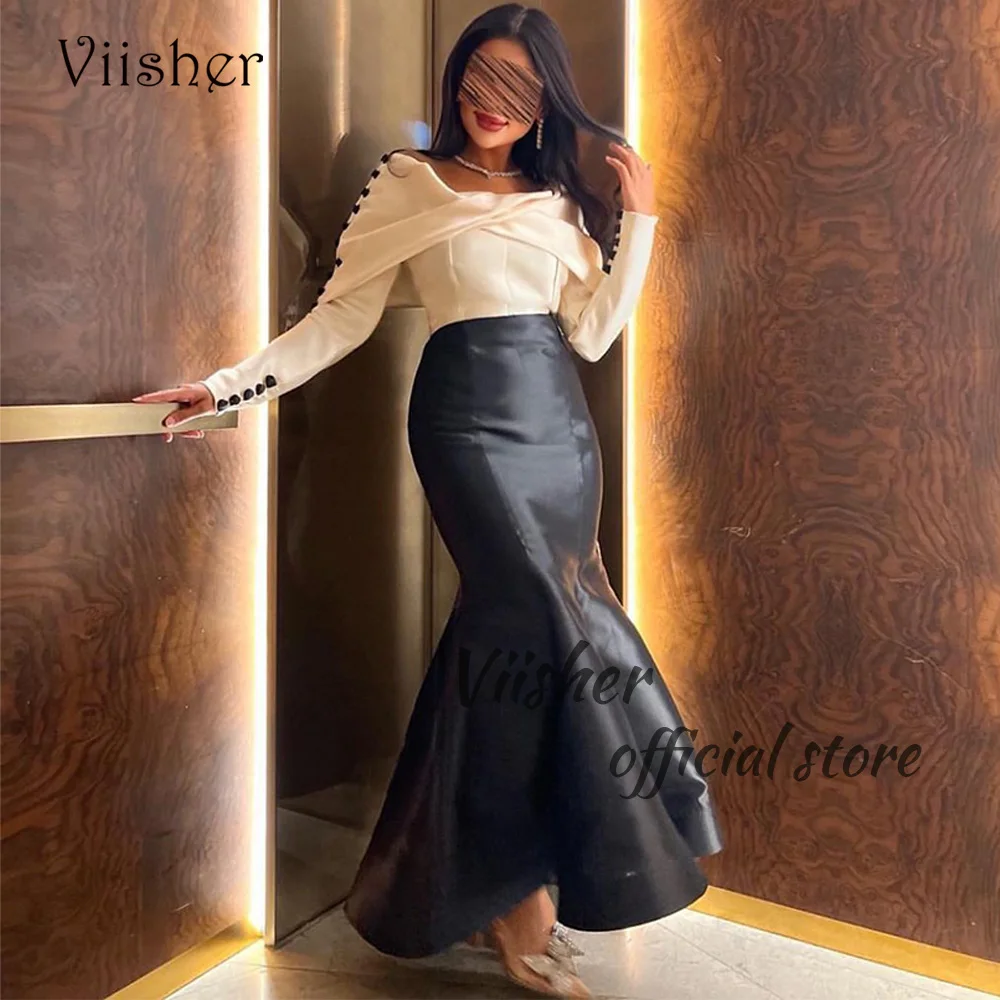 

Viisher Black White Mermaid Evening Dresses Full Sleeve Sexy Tight Long Prom Party Dress Dubai Arabic Formal Evening Gowns