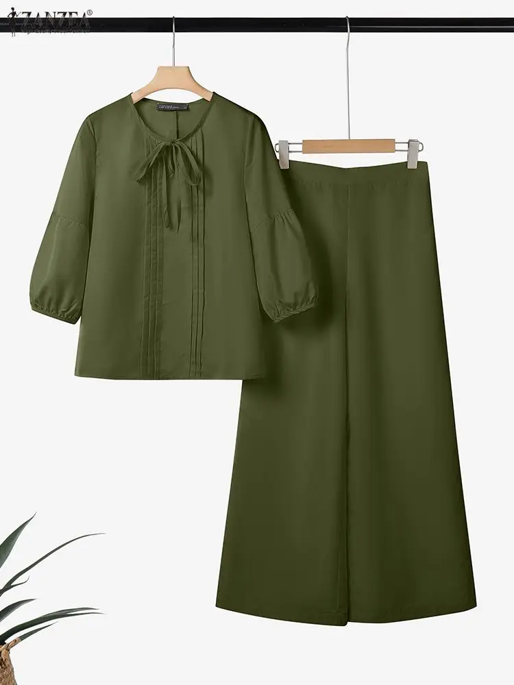 2025 ZANZEA الخريف بانت مجموعات النساء 2 قطعة وتتسابق س الرقبة 3/4 كم بلوزة بنطلون عادية الصلبة OL العمل رياضية 2 قطع مجموعات