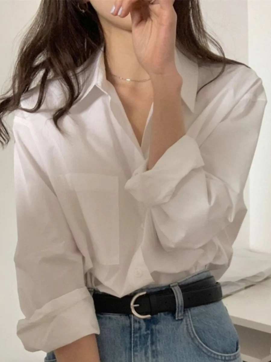 

Loose Long Sve White Oversize irt Jaet Women Casual Design Mid-Length Sun Protection Casual irt Commute Sle Polyester