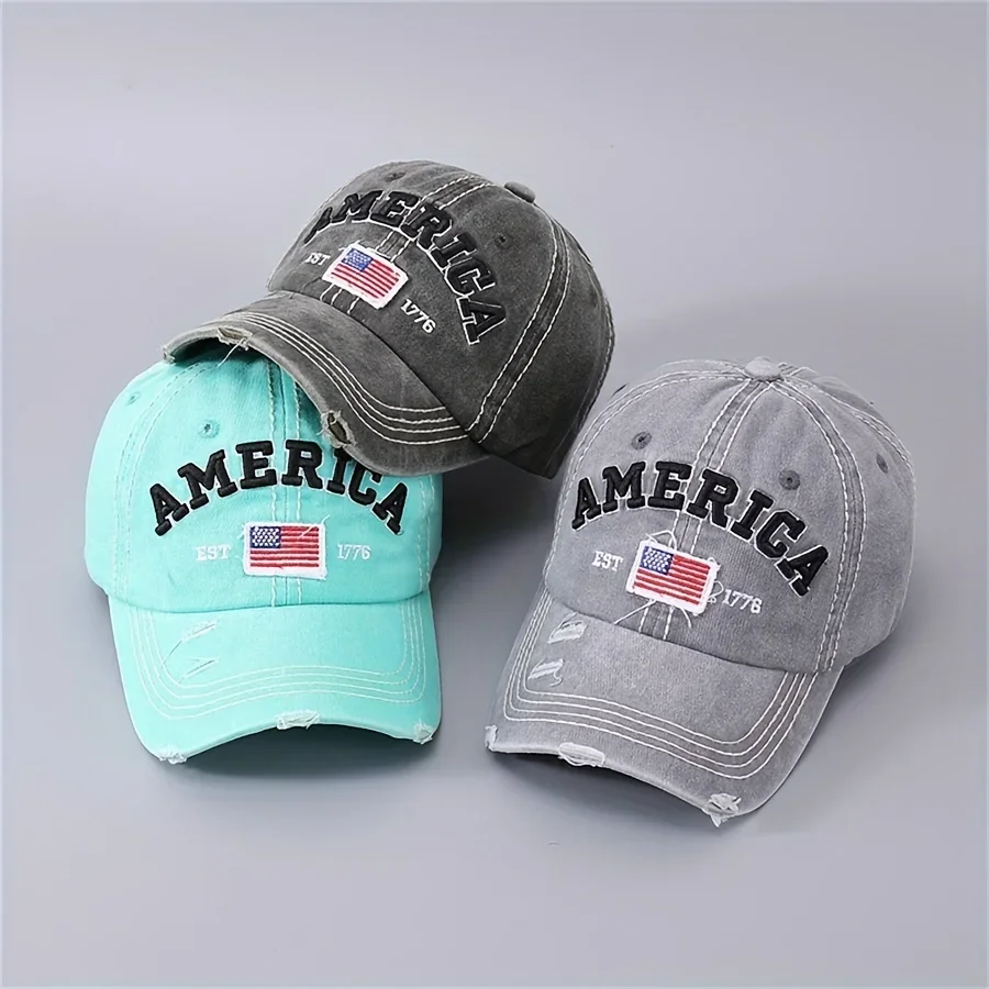AMERICA Embroidered Baseball Cap Washed Distressed Peaked Hats Adjustable Sunshade Casual Hats For Women Men