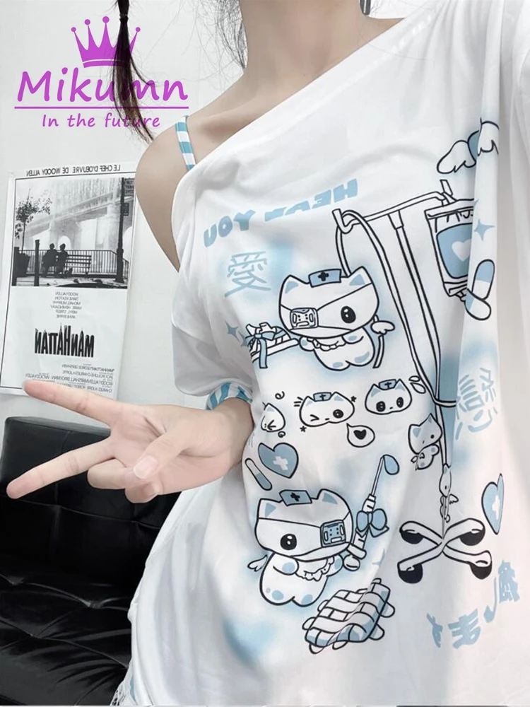 Mikumn Y2k Japanese Cartoon T-shirt Harajuku Off Shoulder Short Sleeve Punk Tops Irregular Grunge Streetwear Kawaii Tee Shirts