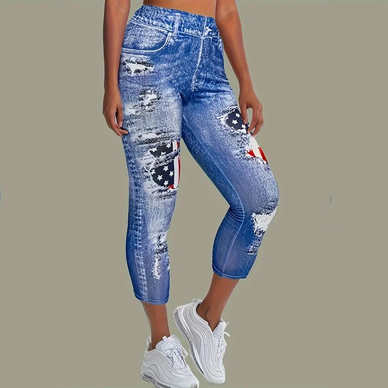 Women's Elegant Floral Print Faux Denim Leggings, Fashionable Cropped Pants