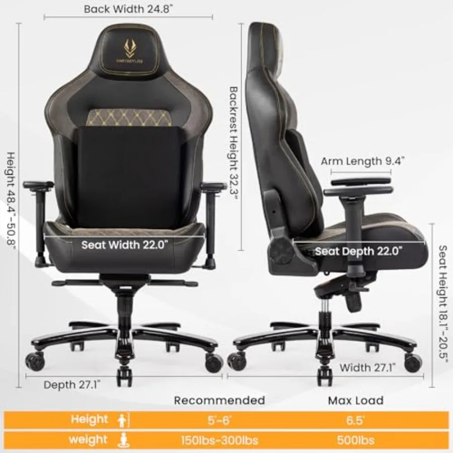 Big and Tall Gaming Chair for heavy people, steel base, black, 440LBS capacity with memory foam lumbar support and 4D adjustabl