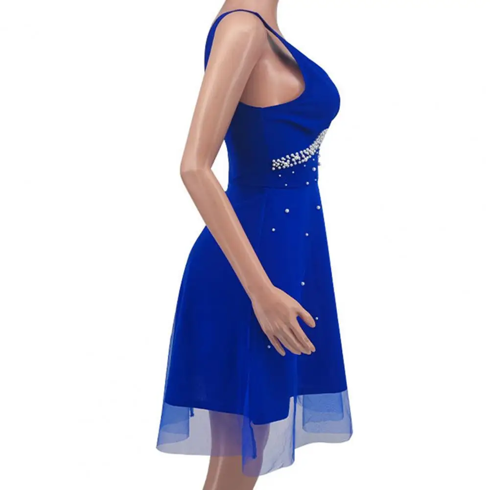 

A-line Silhouette Dress Elegant V Neck Pearl Embellished A-line Evening Dress with Double-layer Mesh High Waist for Summer Party