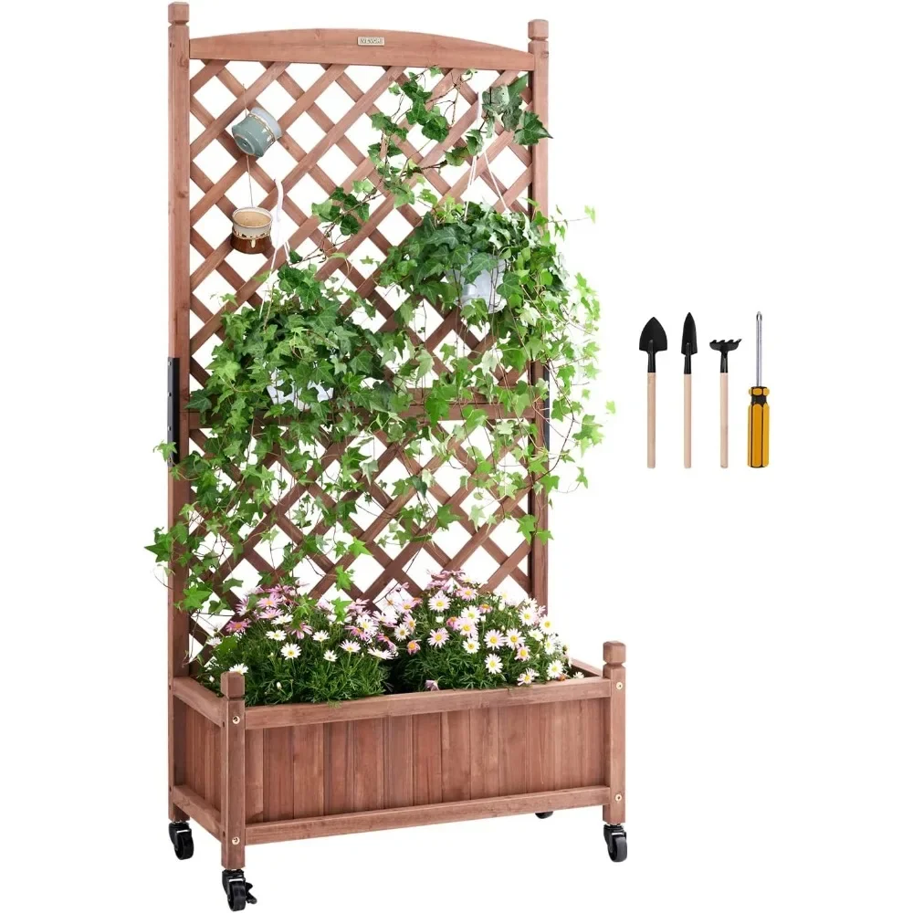 Plant Stand.Wood Planter with Trellis, Outdoor Raised Garden Bed with Drainage Holes,Free-Standing Trellis Planter