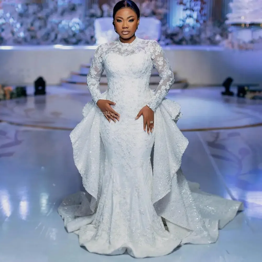 

Customized Modern High Neck Aso Ebi Vestidos De Noiva Bridal Gown With Overskirt Lace Shinny Beads Mermaid Long Sleeves Wedd