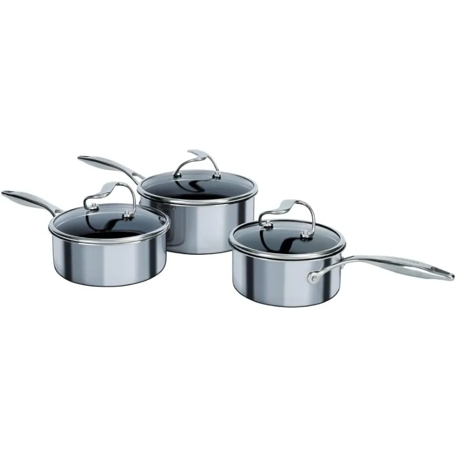 

Stainless Steel Saucepan Set of 3, 16/18/20cm - Induction Saucepans with Lids - Hybrid Non Stick, Metal Utensil Safe & Dishwashe