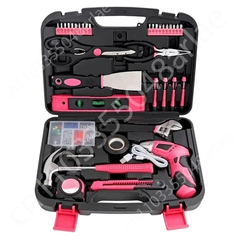 

Household tool set Pink wrench pliers hammer electric screwdriver toolbox maintenance combination set