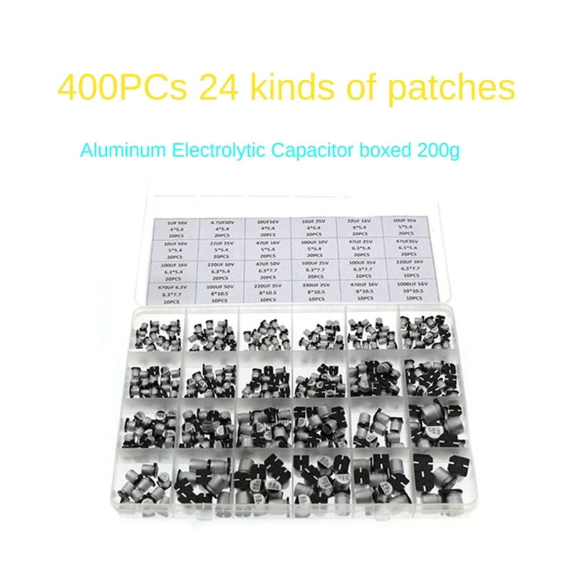 400PCS 1UF-1000UF 24 Specifications Premium SMD Aluminum Electrolytic Capacitor Box Kit