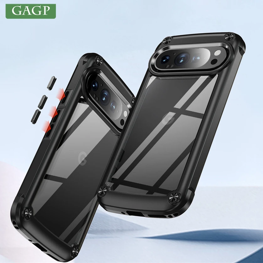 Caso transparente de luxo para google 9 pro xl, cor dupla, claro, pc, botões de metal, para google pixel 9pro 9 pro xl