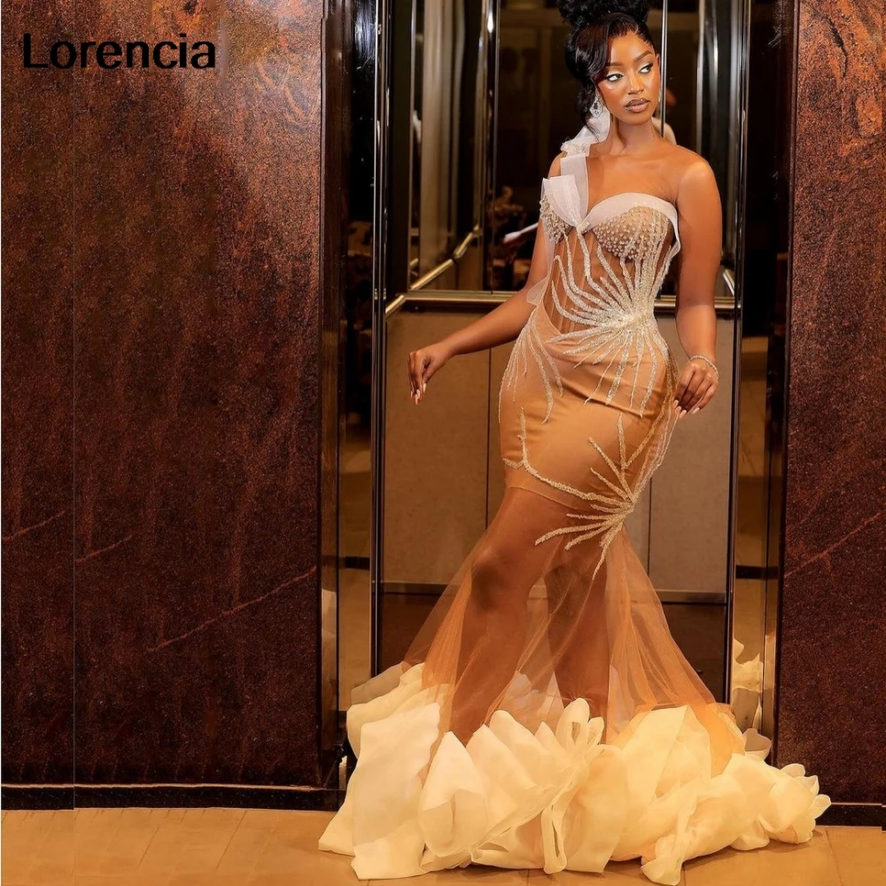 

Customized Aso Ebi Brown African Mermaid Prom Dress Ruffles Floral Crystal Beaded Party Evening Gown Robe De Sorrie YPD264