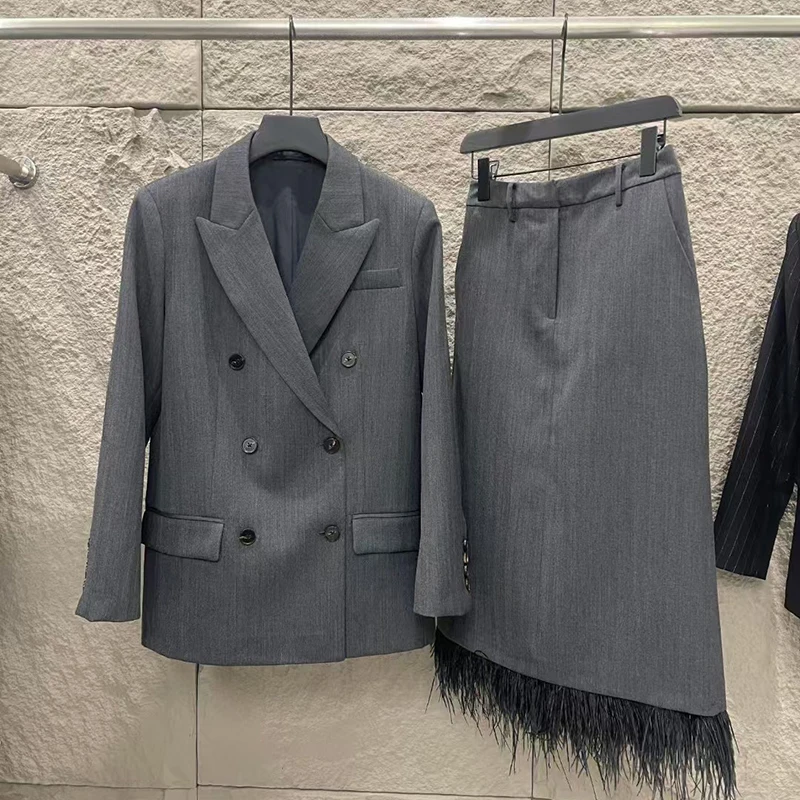 Women\'s Wool Blazer + High Waisted Hip Half-body Skirt, Fashion Feather Suit, High Quality Top Skirt, Fall, New, 2024,y2k