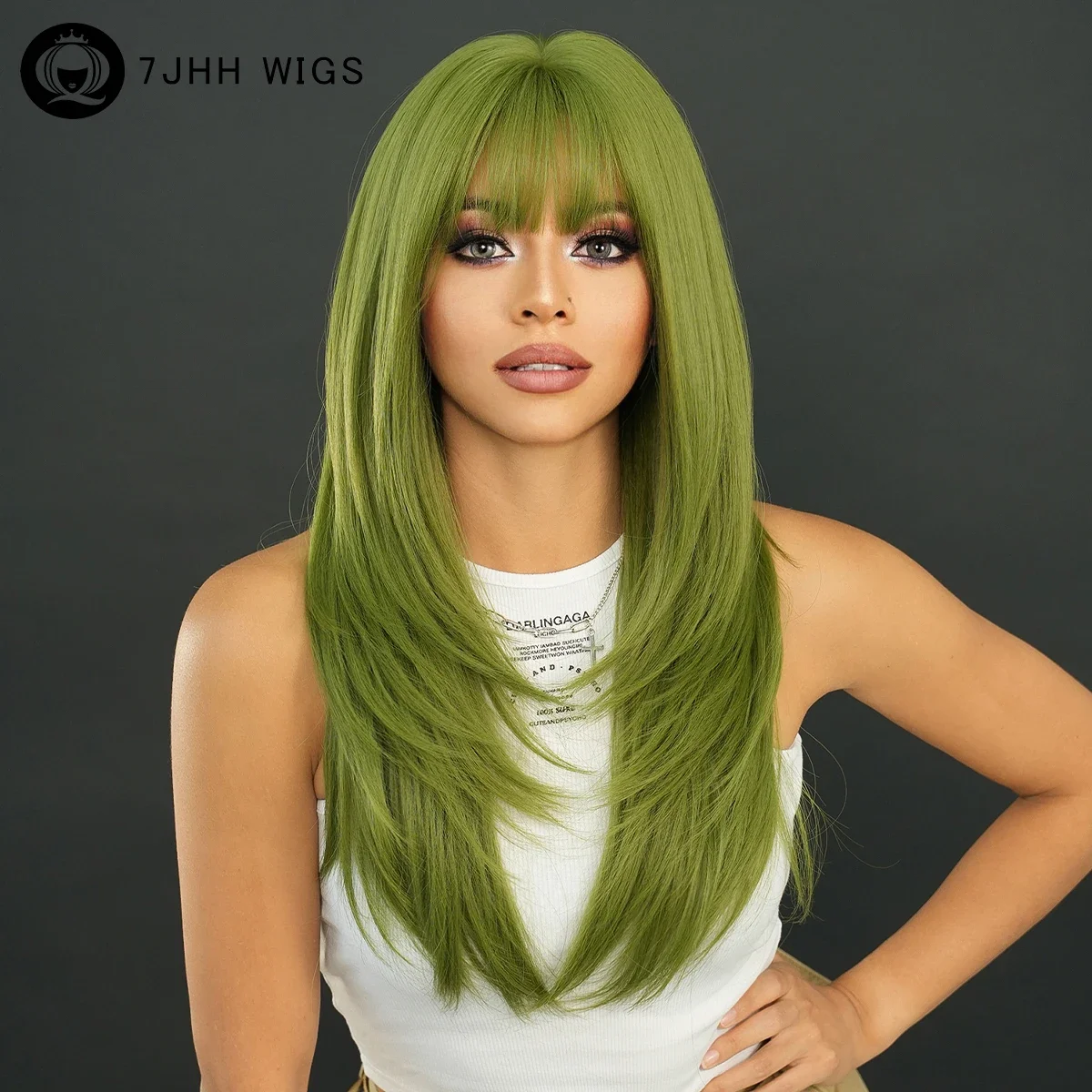 Peluca verde larga y recta para mujer, pelo sintético Natural suelto en capas con flequillo de cortina, pelucas de Cosplay de vainilla de alta