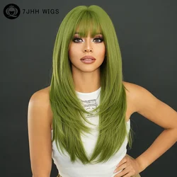 Peluca verde larga y recta para mujer, pelo sintético Natural suelto en capas con flequillo de cortina, pelucas de Cosplay de vainilla de alta densidad