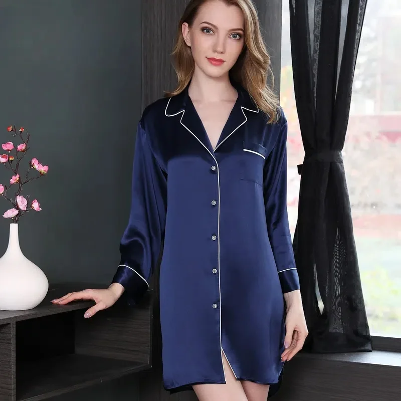 Female 100% Mulberry Silk Nightdress Sexy Boyfriend Sleep Shirt Pajamas Short Women's Home Dress Long Sleeves Nightgown